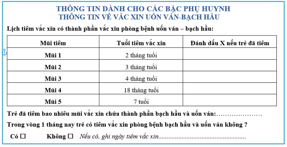 Thông tin rà soát tiền sử tiêm chủng vắc xin uốn ván – bạch hầu
